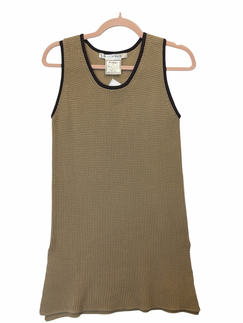 Vintage Max Studio Knit Tank Top 100% Cotton Beige Brown Trim Size S